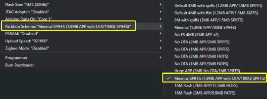 Arduino IDE Partition Settings